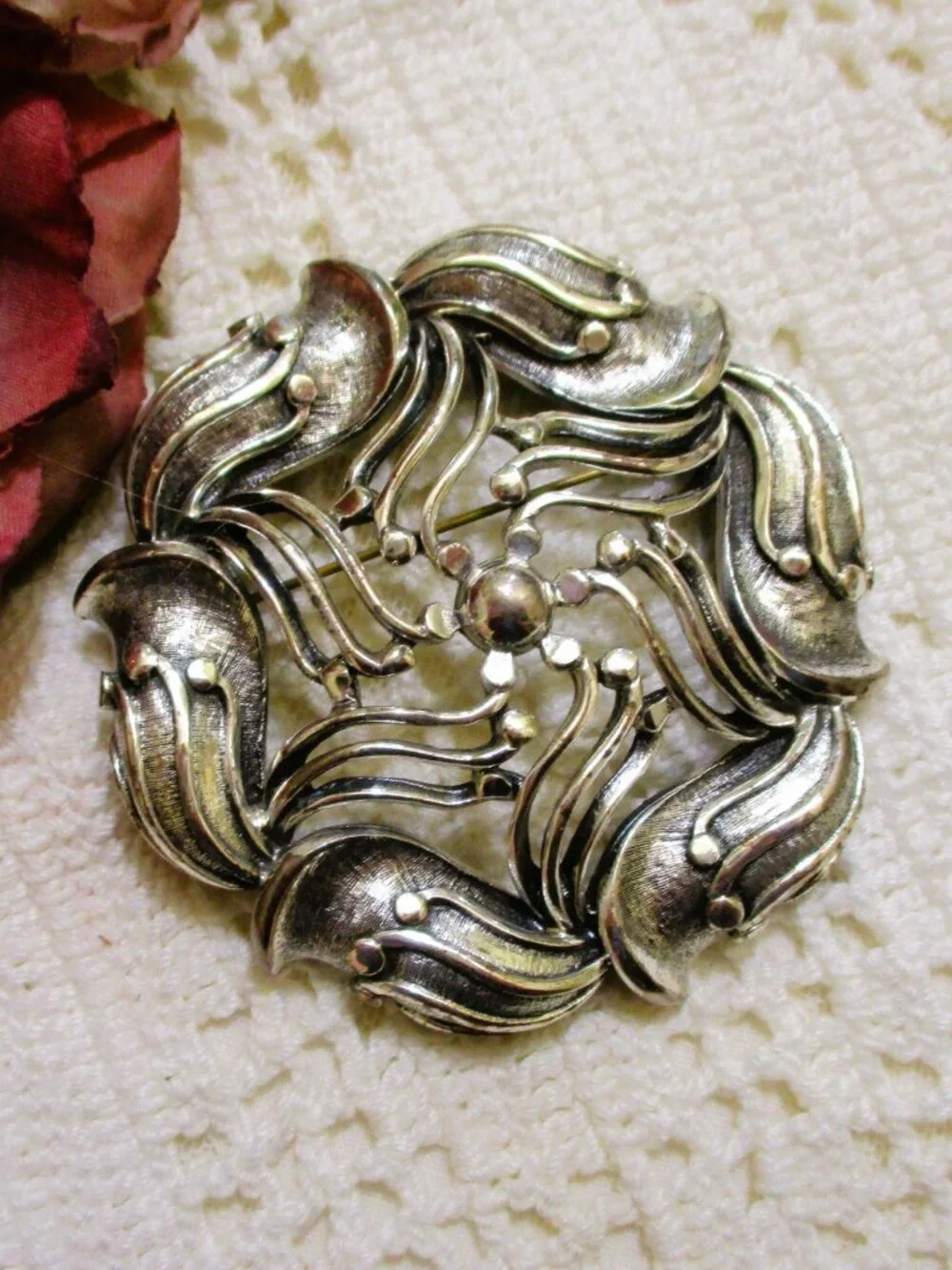 Large TORTOLANI Swirl Statement Brooch: Sterling Silver Over Pewter ~ Vintage